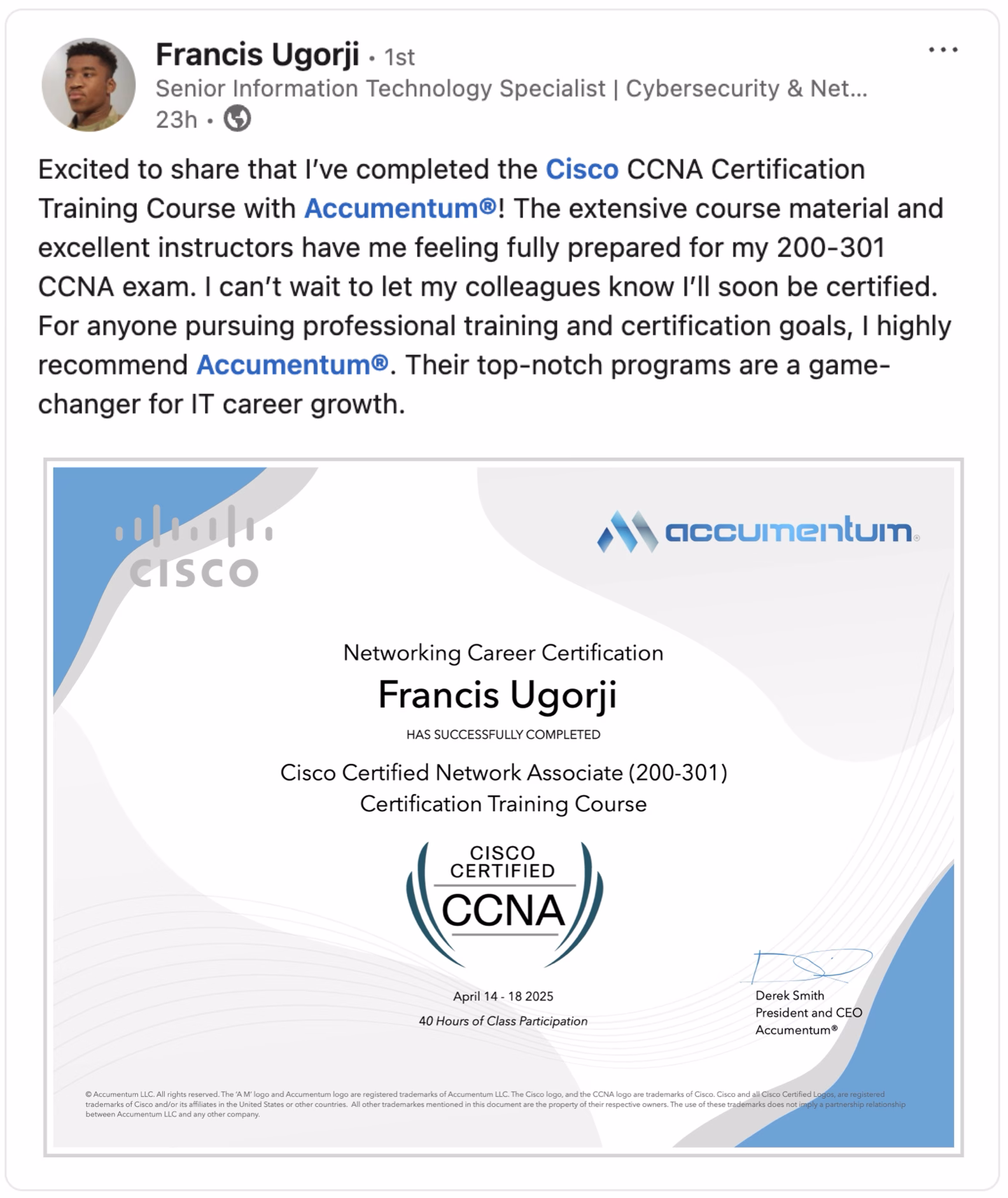 Accumentum alumni certification and training success story 70
