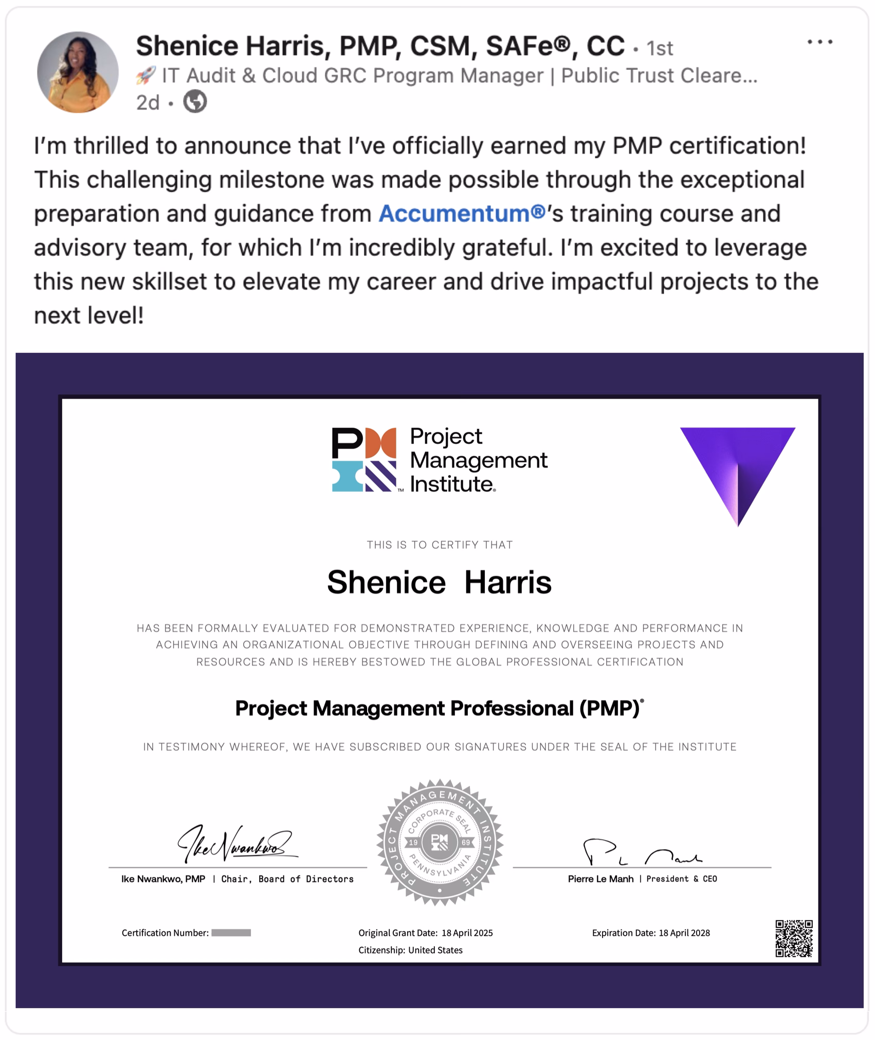 Accumentum alumni certification and training success story 76