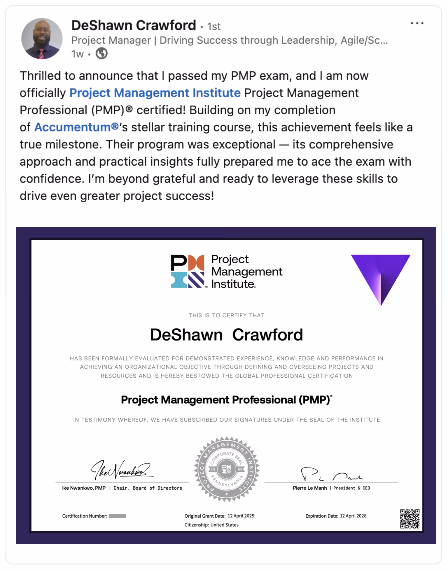 Accumentum alumni certification and training success story 72