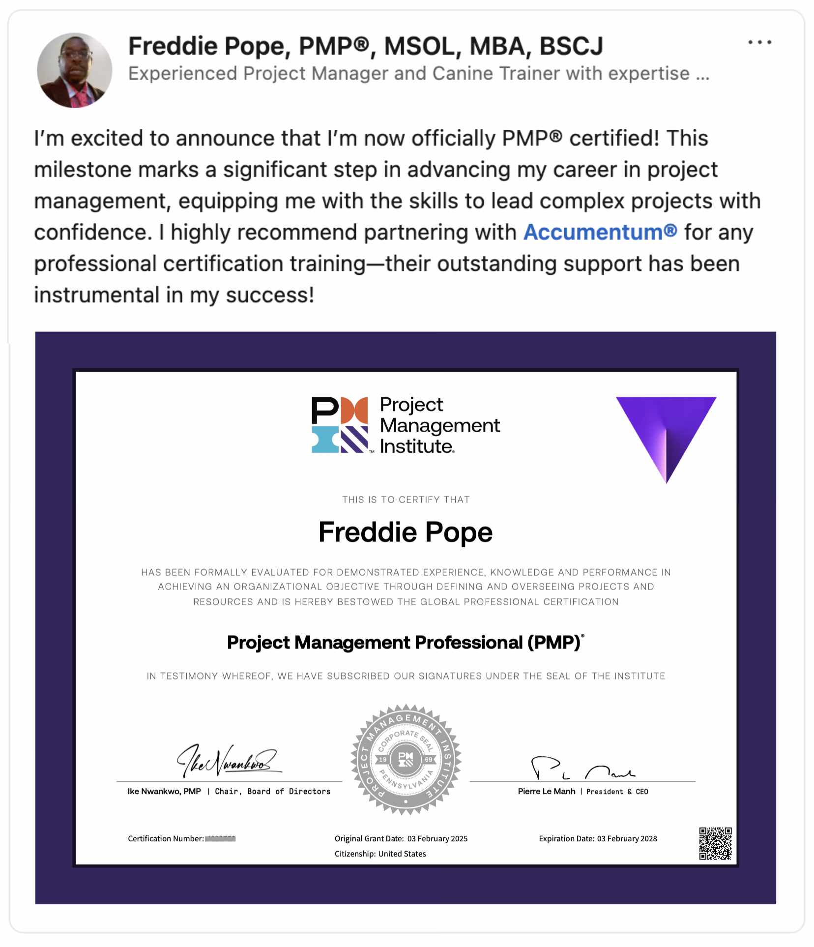 Accumentum alumni certification and training success story 25