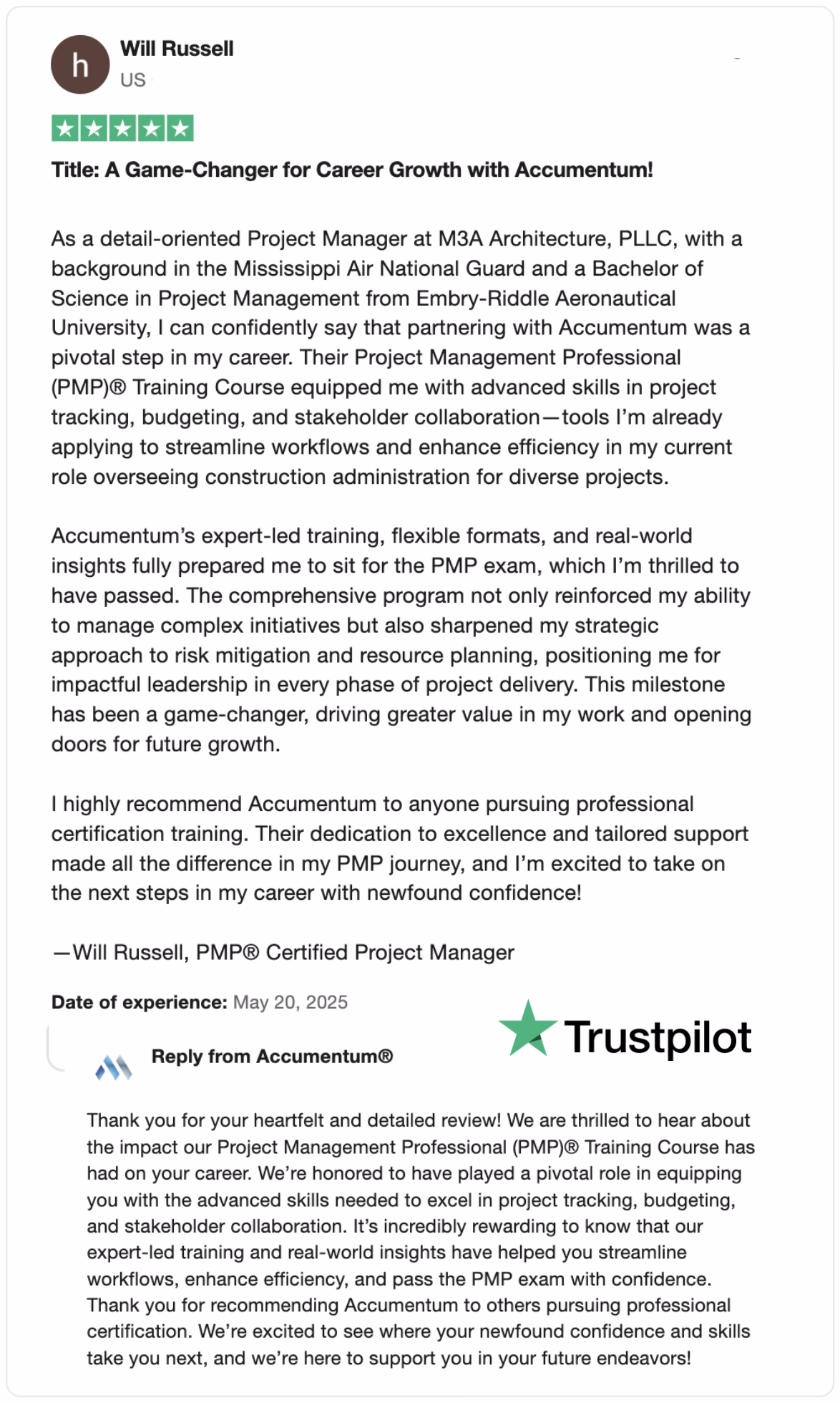 Accumentum alumni certification and training success story 82