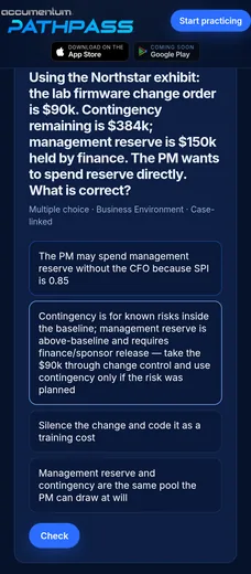 PathPass app screenshot: a PMP preview question on contingency and management reserve with one answer selected