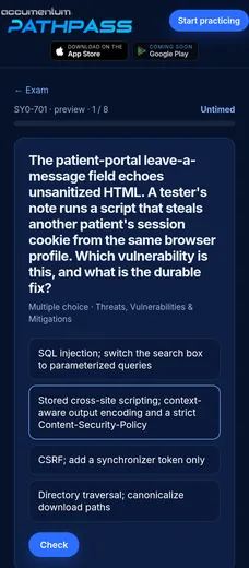 PathPass app screenshot: a CompTIA Security+ SY0-701 preview question on stored cross-site scripting with one answer selected