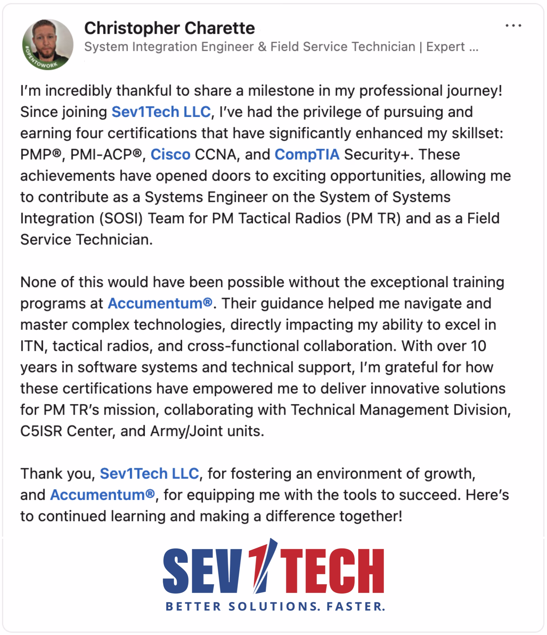 Client Endorsement from Sev1Tech about Accumentum IT Cybersecurity Certification Training Programs