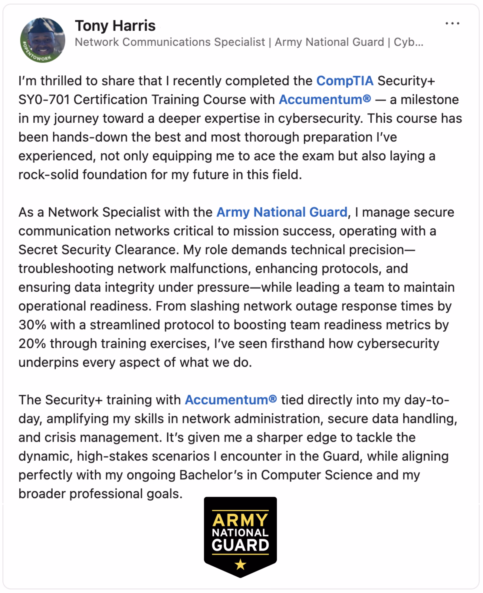 Client Endorsement of Accumentum Cybersecurity Certification Training with Army Credentialing Assistance
