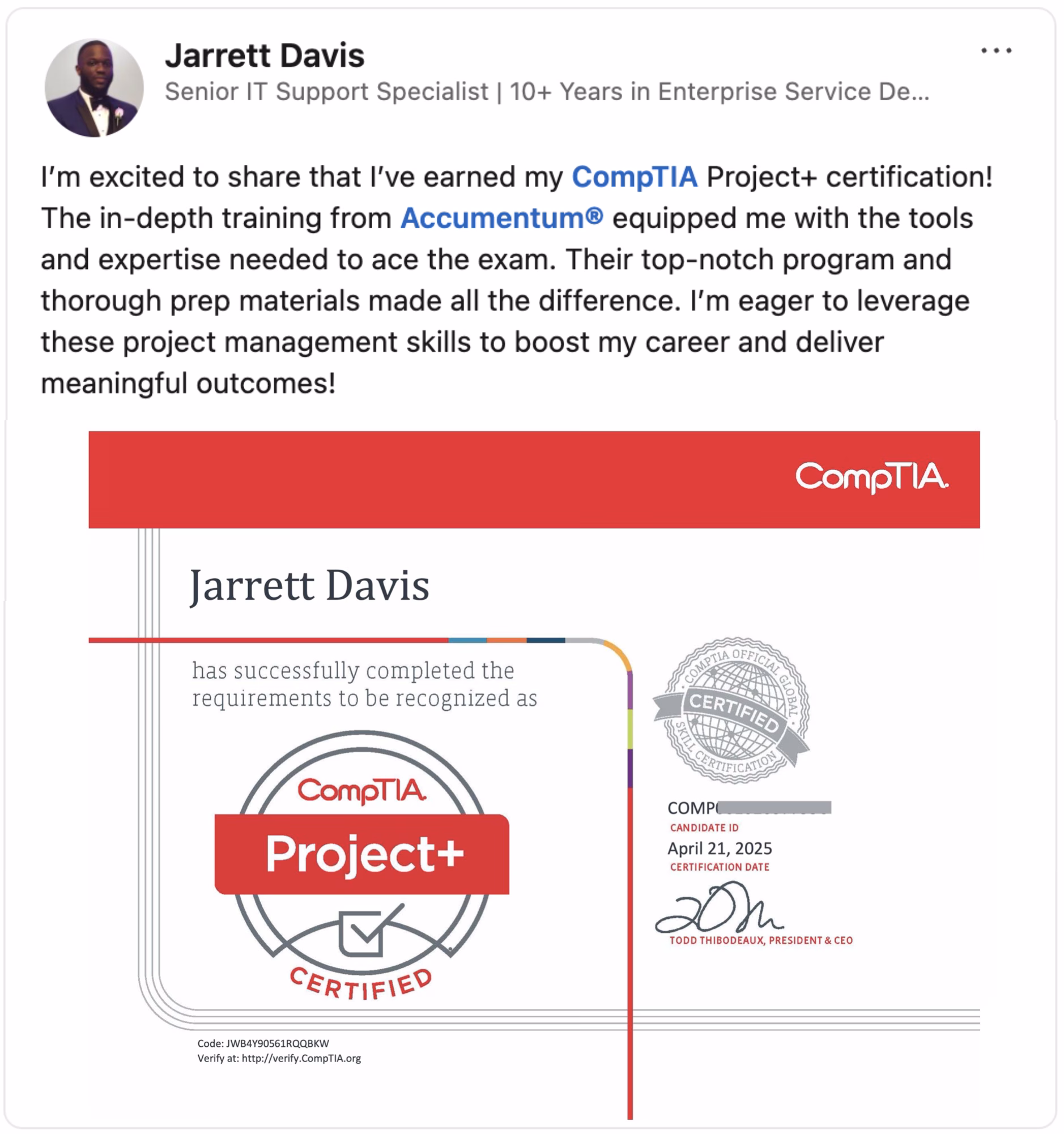 Client Success Story Accumentum CompTIA Project Plus Certification Training Course