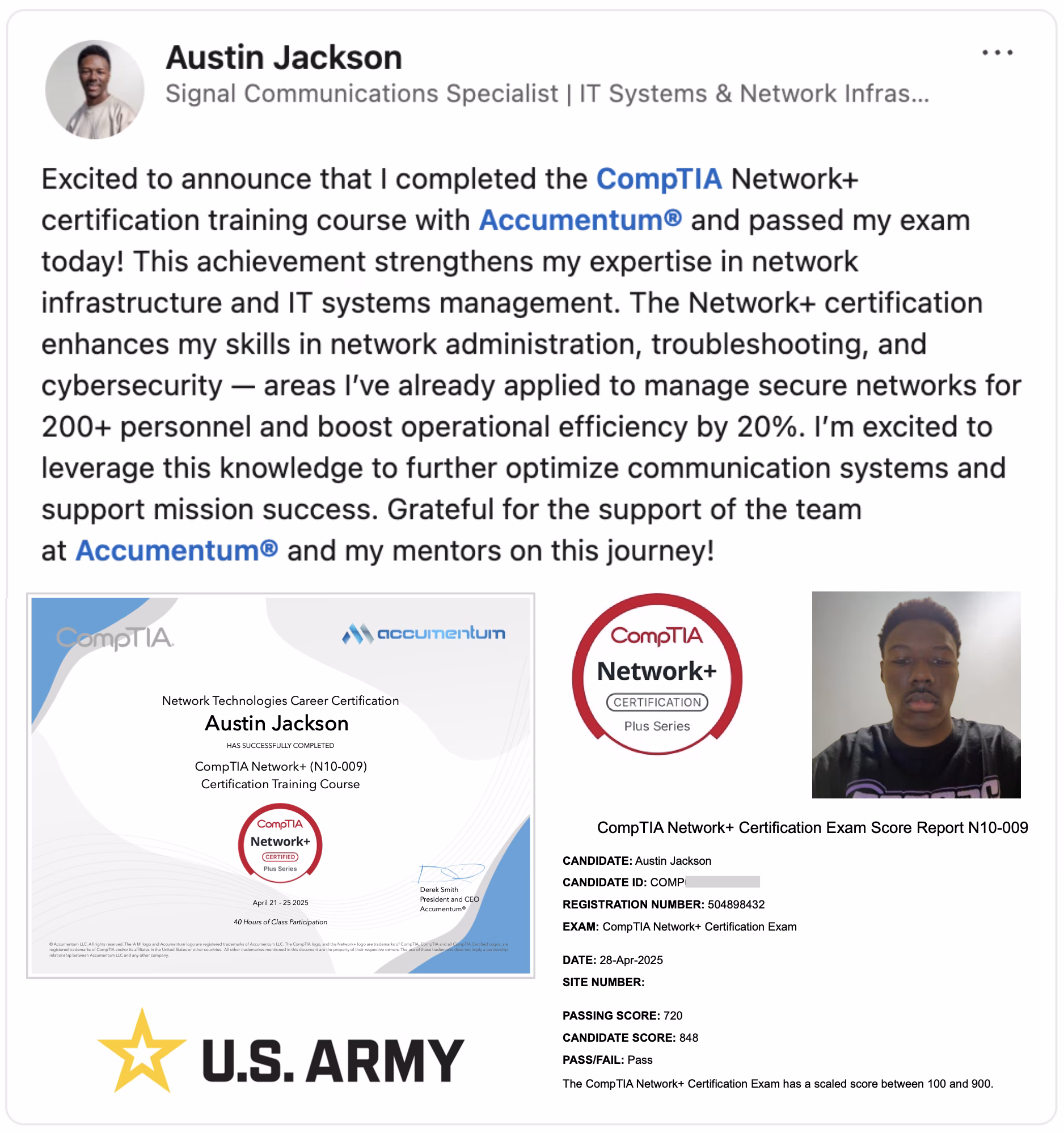 Client Success Story with Accumentum CompTIA Network Plus Certification Training Course using Army Credentialing Assistance