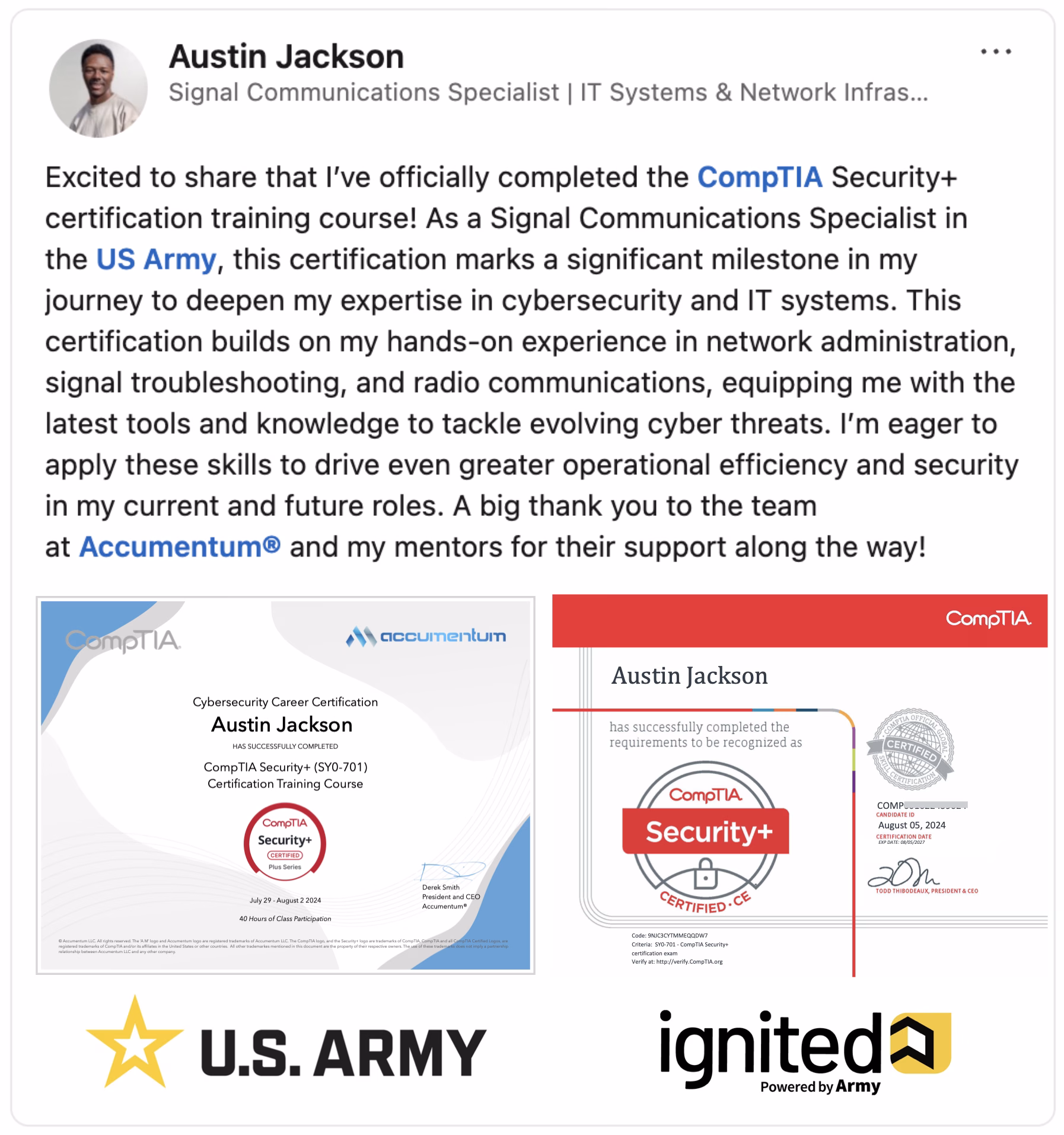 Client Success Story with Accumentum CompTIA Security Plus Certification Training Course using Army Credentialing Assistance