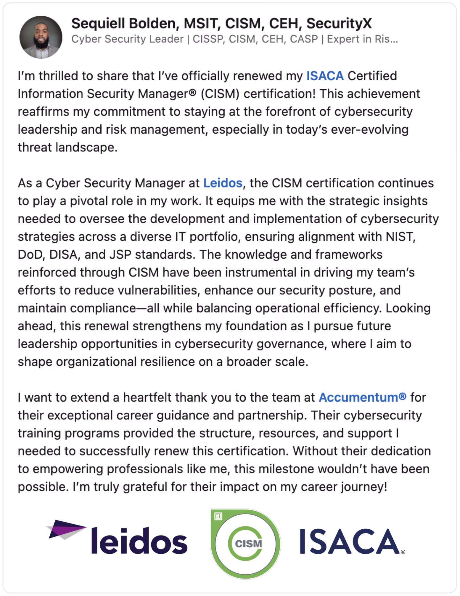 Alumni Endorsement ISACA Certified Information Security Manager CISM Certification Renewal with Accumentum