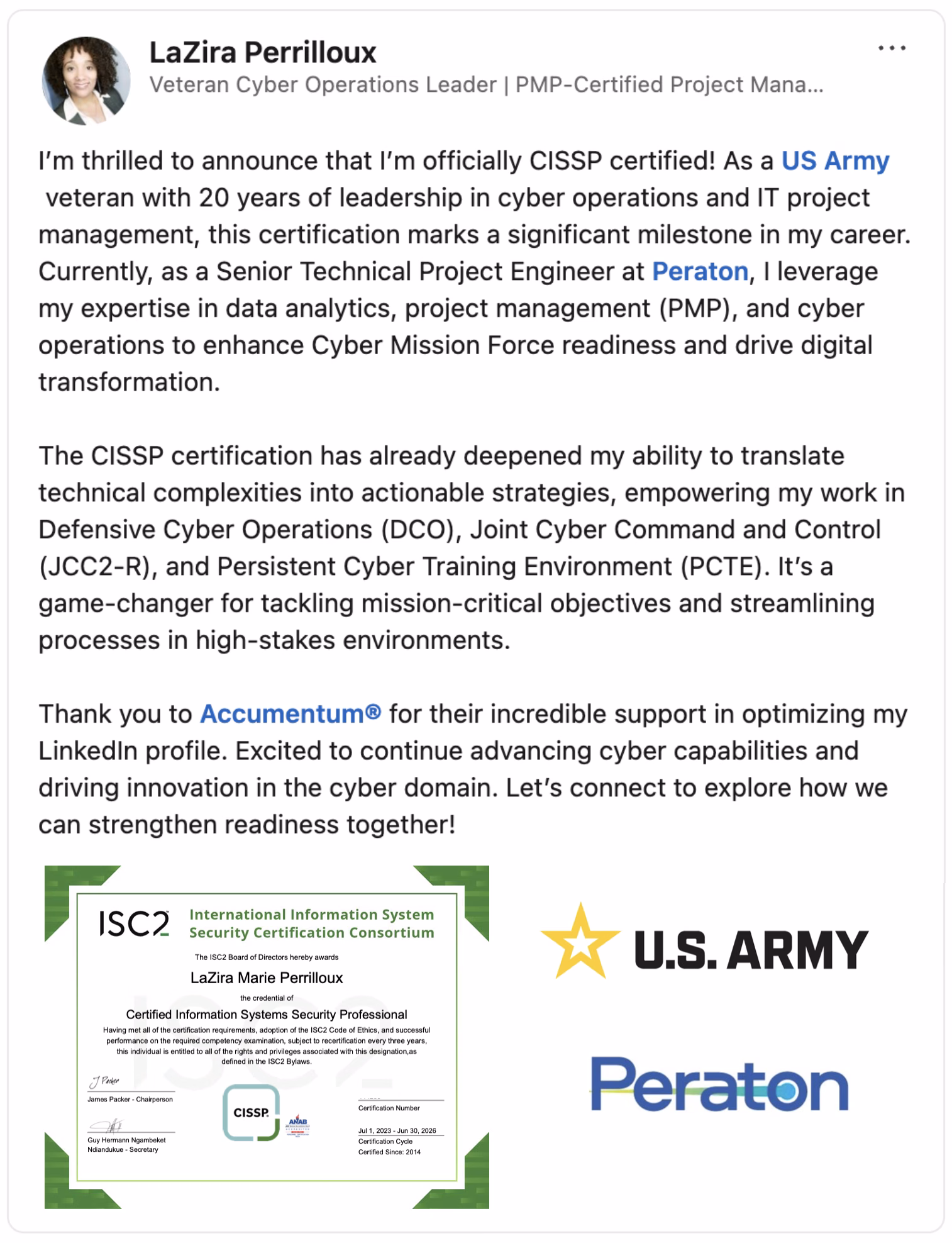 Client Endorsement for CISSP Certification Training and LinkedIn Optimization with Accumentum