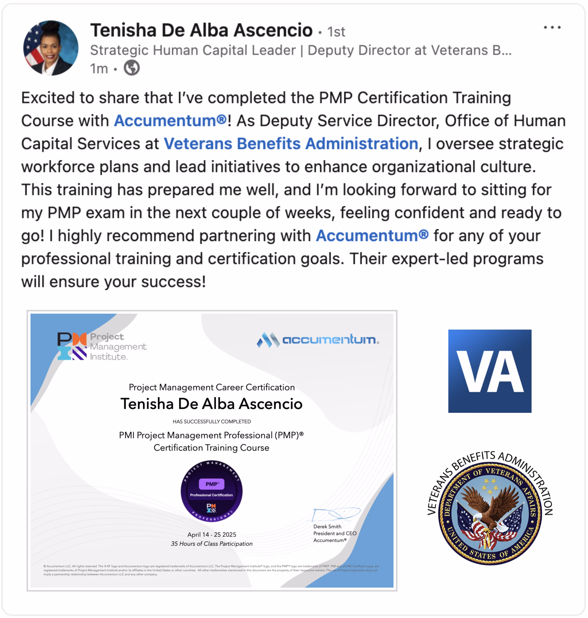 Client Endorsement of Project Management Professional Certification Training with Accumentum for Department of Veteran Affairs
