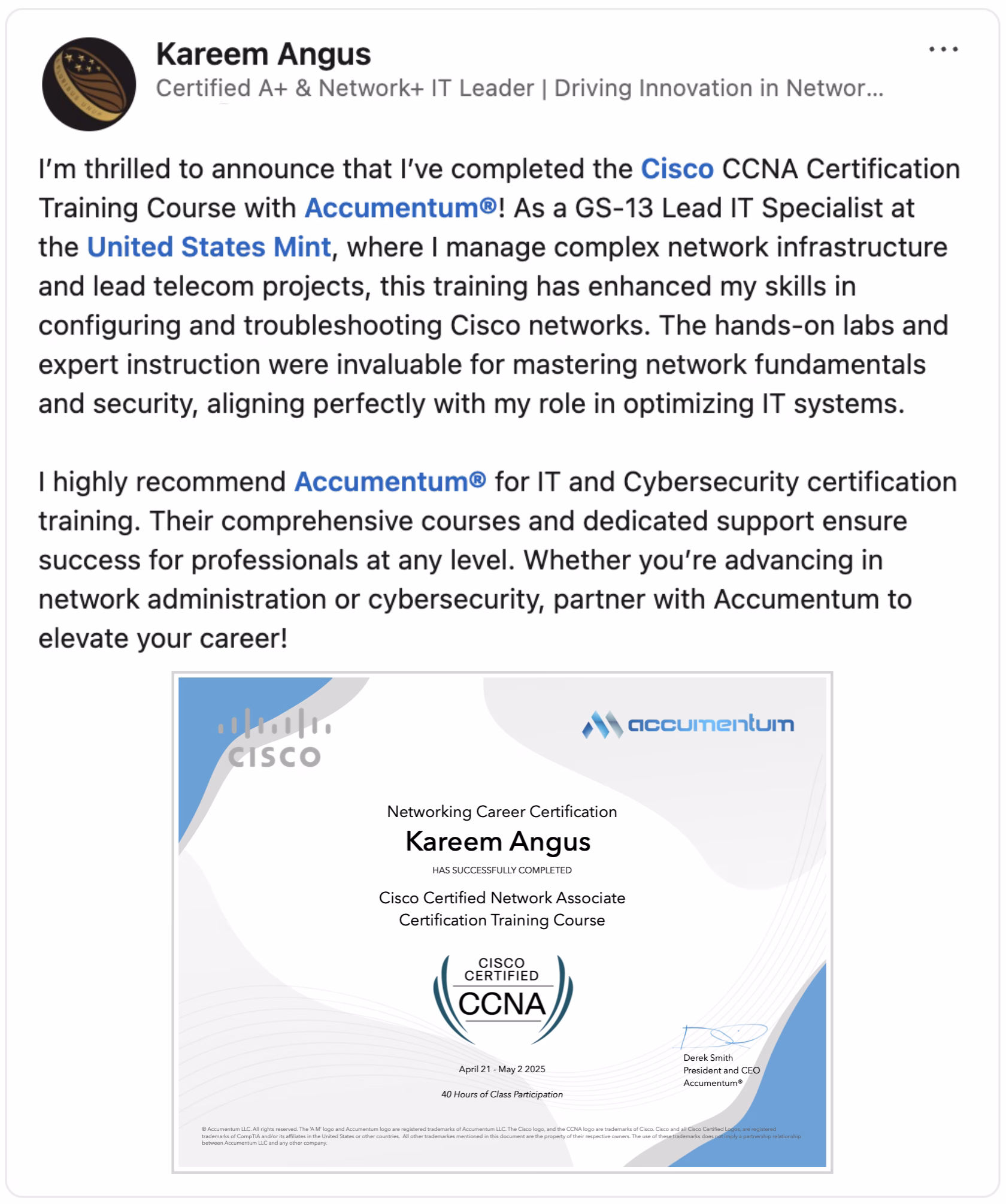 Client Endorsement of Accumentum Cisco Certified Networking Associate CCNA Certification Training