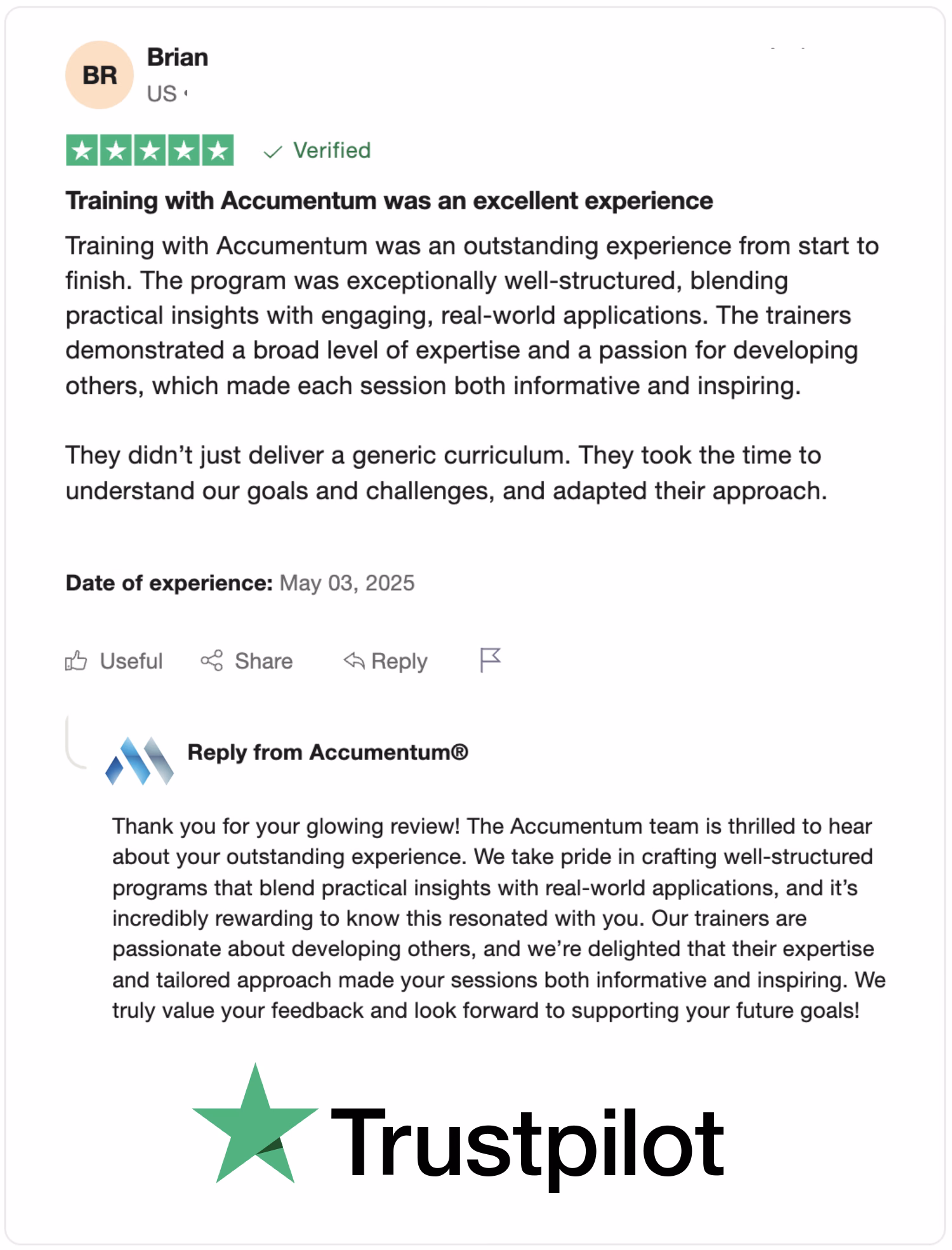 TrustPilot Review from Client to Accumentum about thier Excellent Training Experience with Certification Training