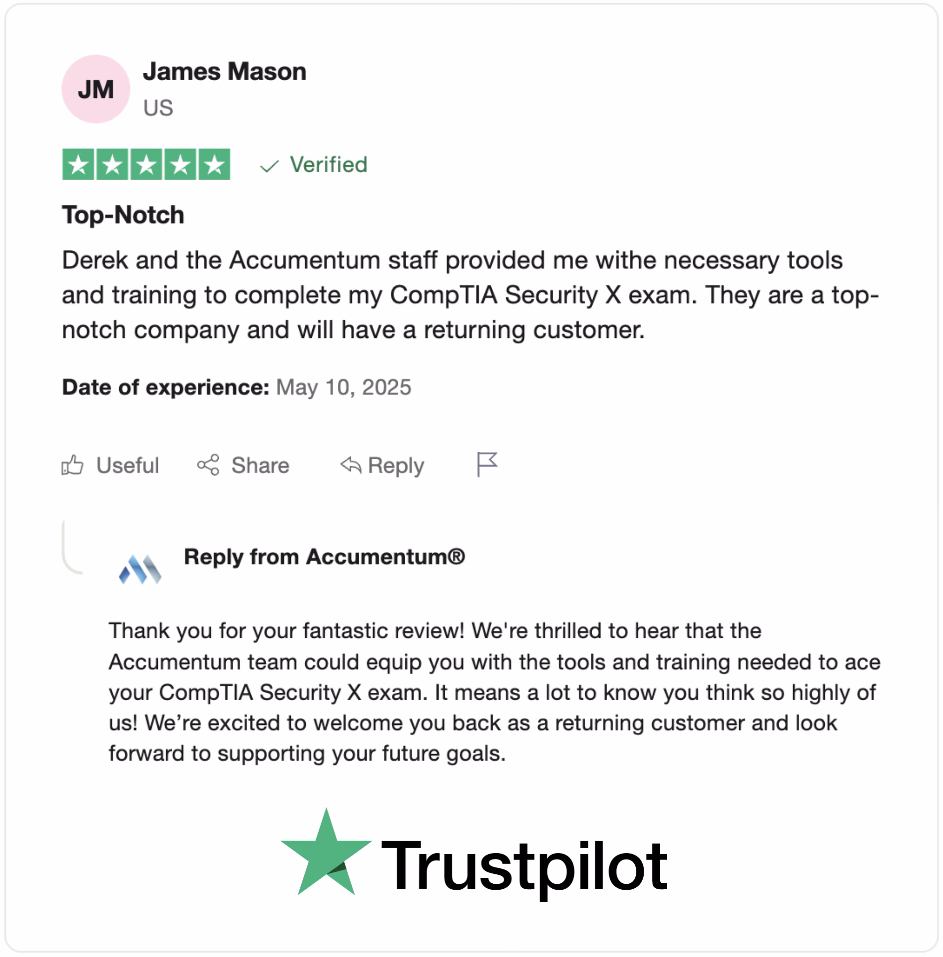 TrustPilot Review from Client to Accumentum about thier Excellent Training Experience with CompTIA SecurityX Certification Training