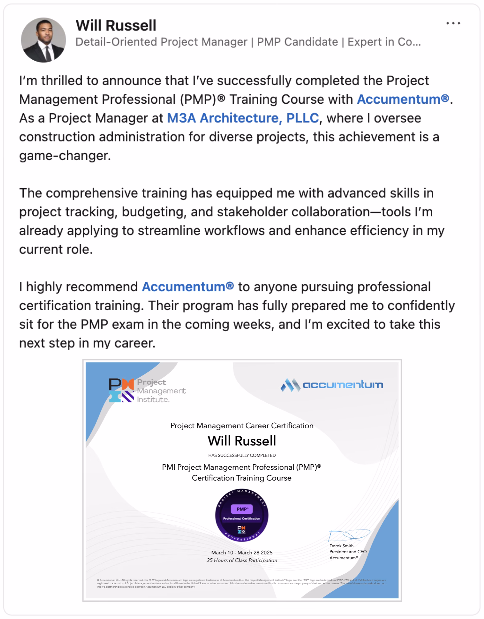 Client Endorsement of Accumentum Project Management Professional PMP Certification Training