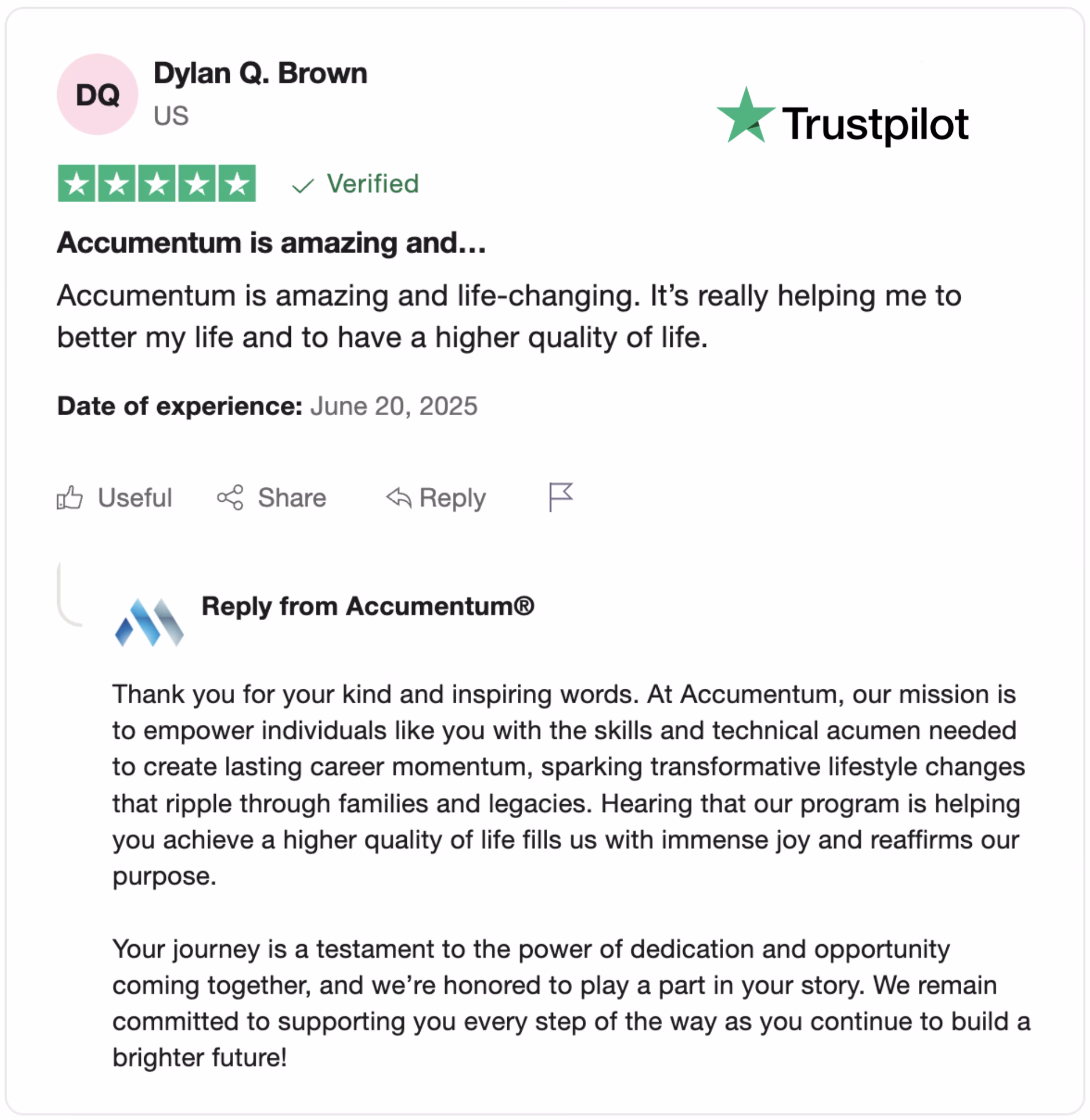 TrustPilot Review from Client to Accumentum about Excellent Training Experience with Cybersecurity Certification Training