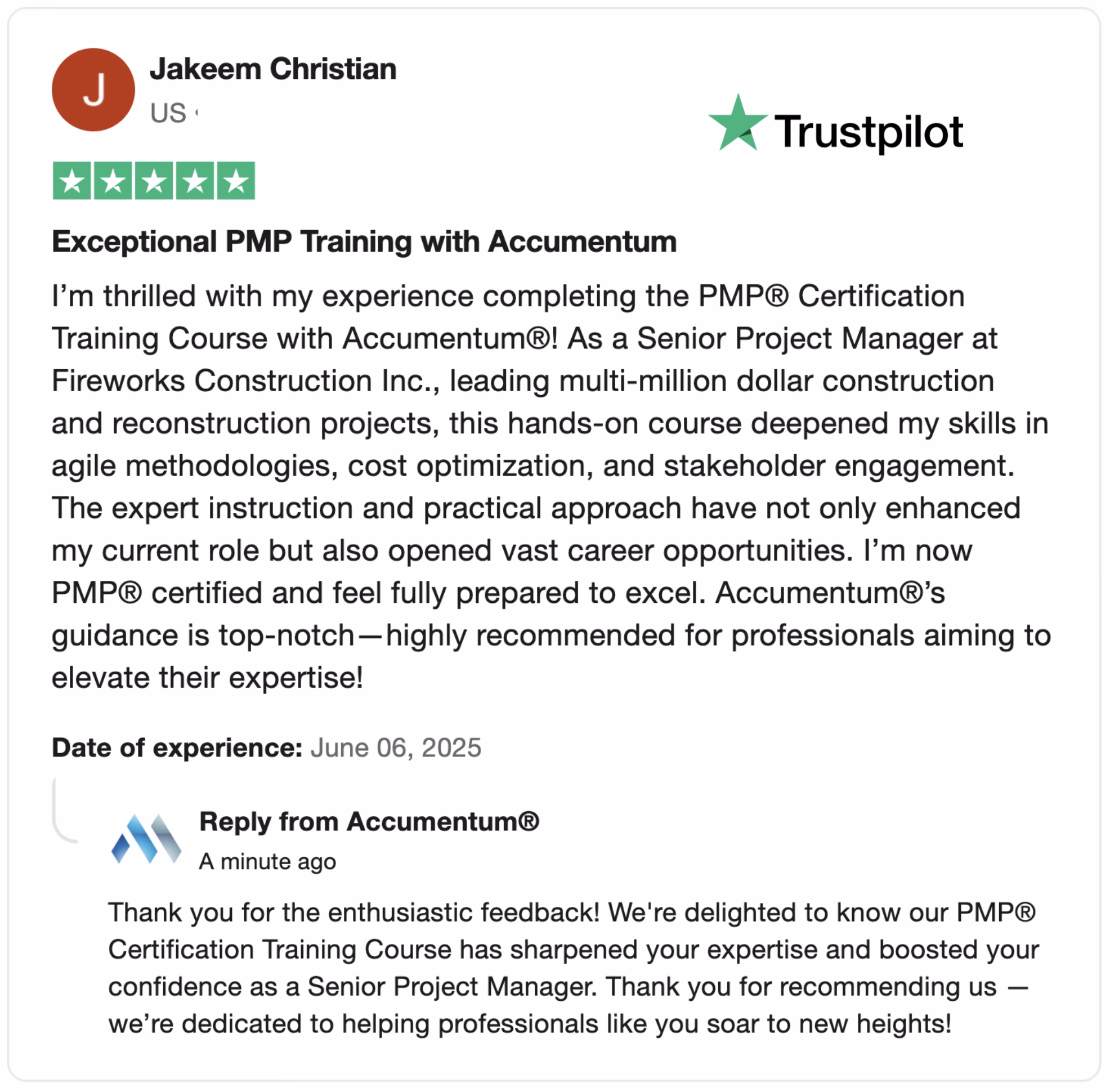 TrustPilot Review from Client to Accumentum about Excellent Training Experience with Project Management Certification Training