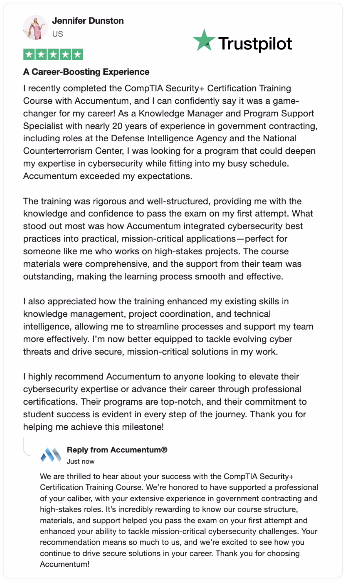 TrustPilot Review from Client to Accumentum about Excellent Training Experience with Cybersecurity Certification Training
