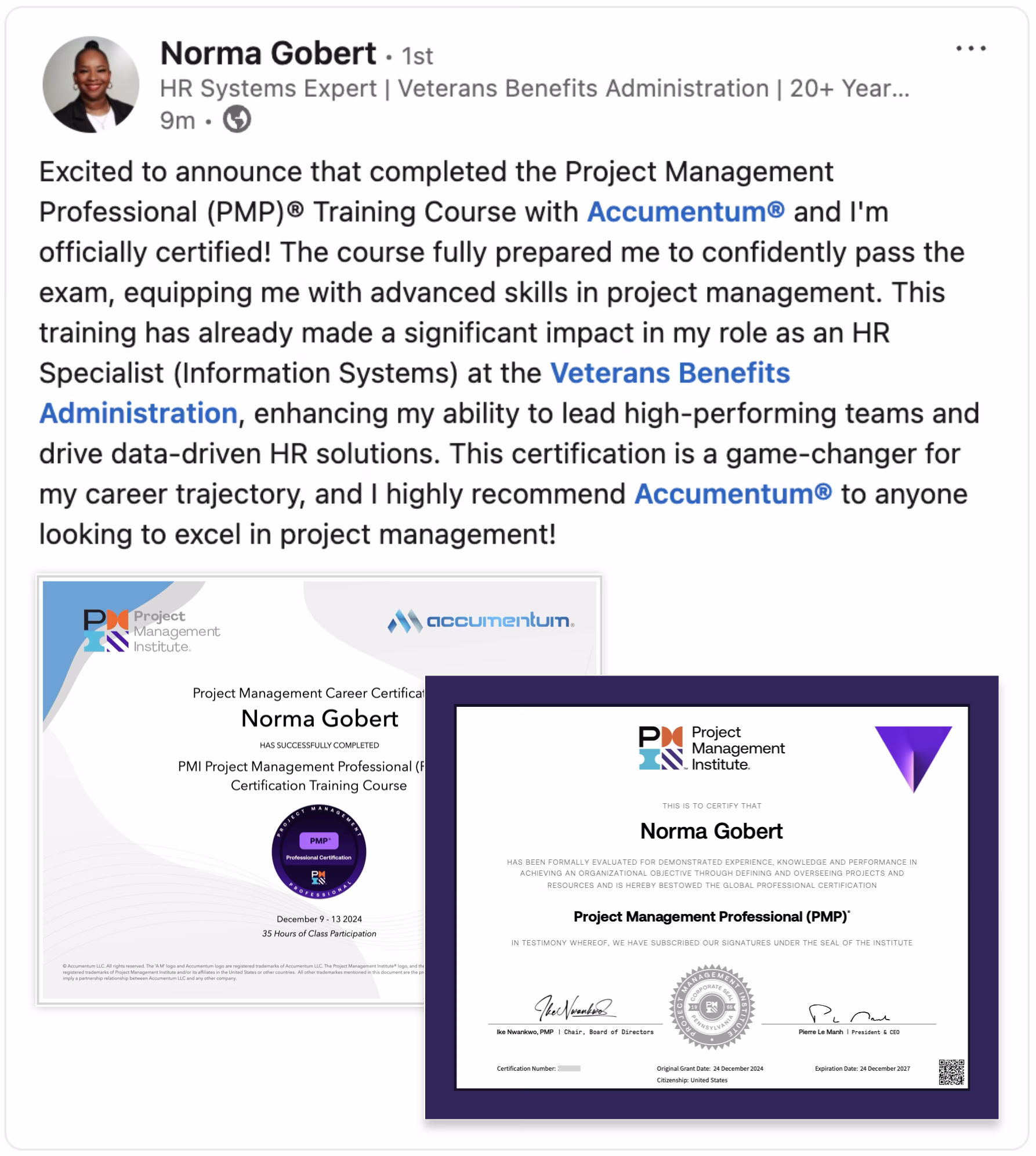 A vibrant image showcasing a glowing client endorsement for Accumentum's Project Management Professional (PMP) Certification Training. The visual prominently features a 5-star review with enthusiastic client testimonials praising the comprehensive course structure, expert instructors, and career-boosting impact. Displayed alongside are the client's official Accumentum course completion certificate and the prestigious PMP certificate issued by the Project Management Institute (PMI), symbolizing professional achievement and credibility.