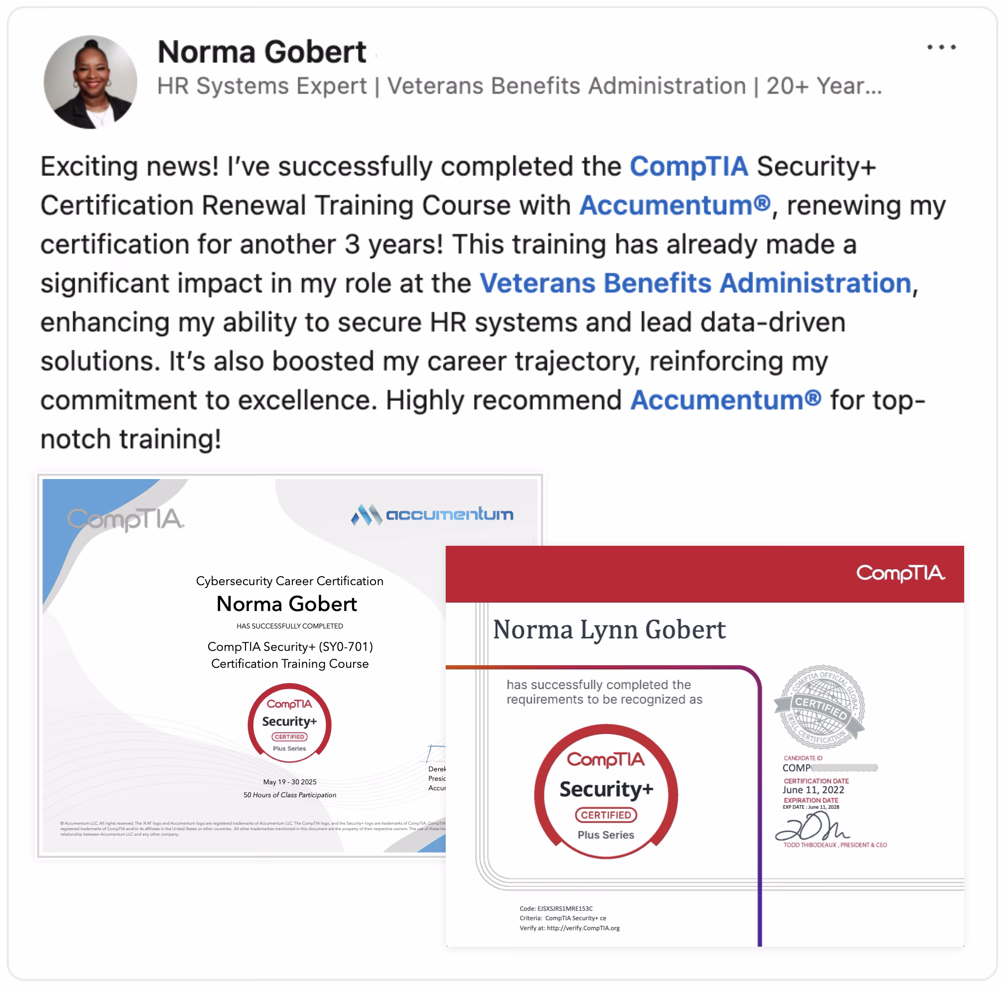 A vibrant image showcasing a glowing client endorsement for Accumentum's CompTIA Security+ Certification Training Course. The image prominently features a 5-star review with the client’s enthusiastic testimonial, praising the course’s comprehensive curriculum and expert instruction. Displayed alongside the review are the client’s course completion certificate from Accumentum and their official CompTIA Security+ certification, both elegantly framed to highlight achievement. The background incorporates subtle tech-themed elements, such as circuit patterns, symbolizing cybersecurity expertise.