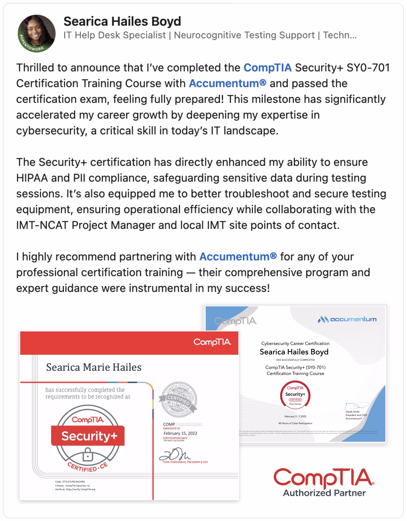 A vibrant image showcasing a glowing client endorsement for Accumentum's CompTIA Security+ Certification Training Course. The image prominently features a 5-star review with the client’s enthusiastic testimonial, praising the course’s comprehensive curriculum and expert instruction. Displayed alongside the review are the client’s course completion certificate from Accumentum and their official CompTIA Security+ certification, both elegantly framed to highlight achievement. The background incorporates subtle tech-themed elements, such as circuit patterns, symbolizing cybersecurity expertise.