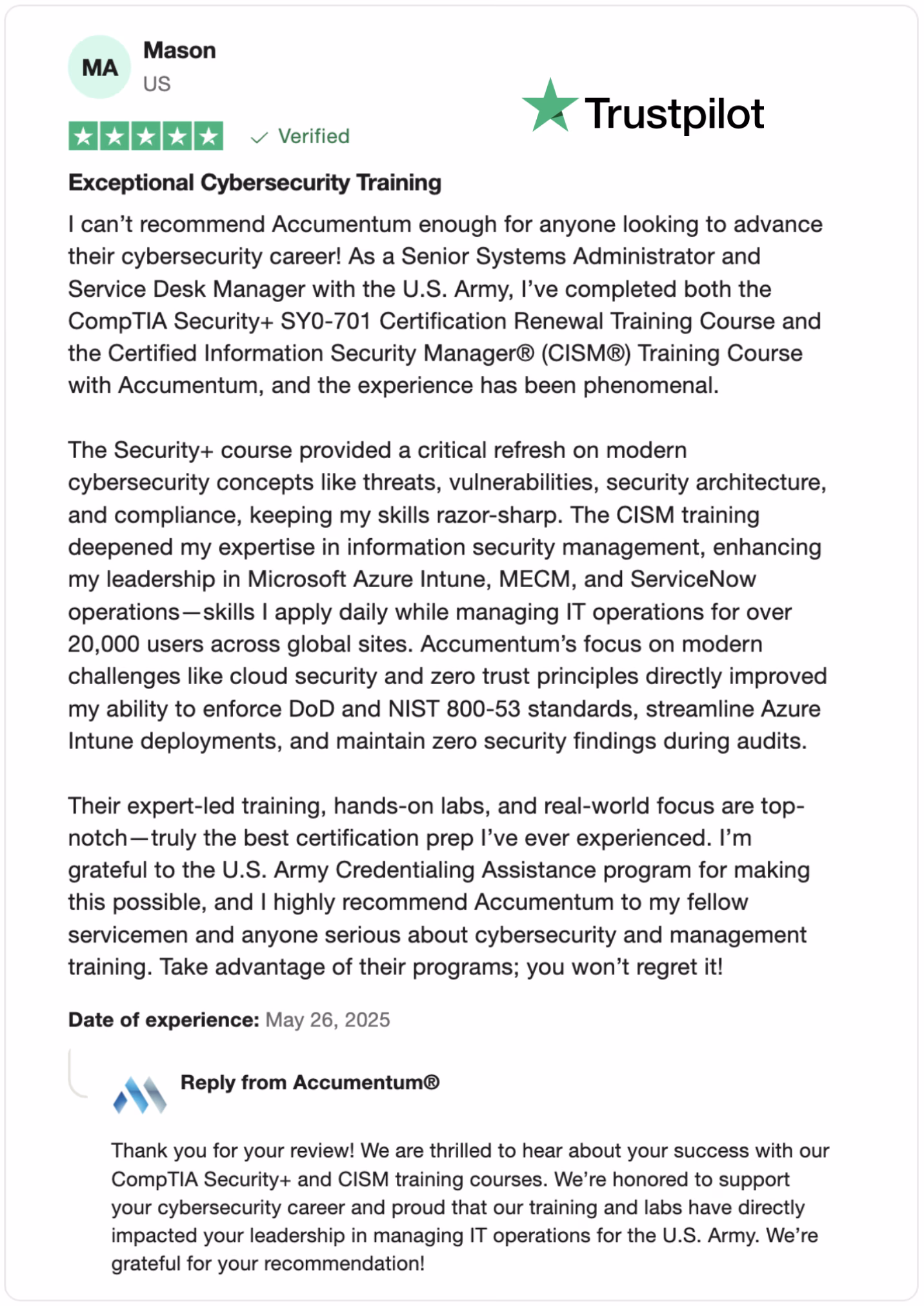 TrustPilot Review from Client to Accumentum about Excellent Training Experience with Cybersecurity Certification Training