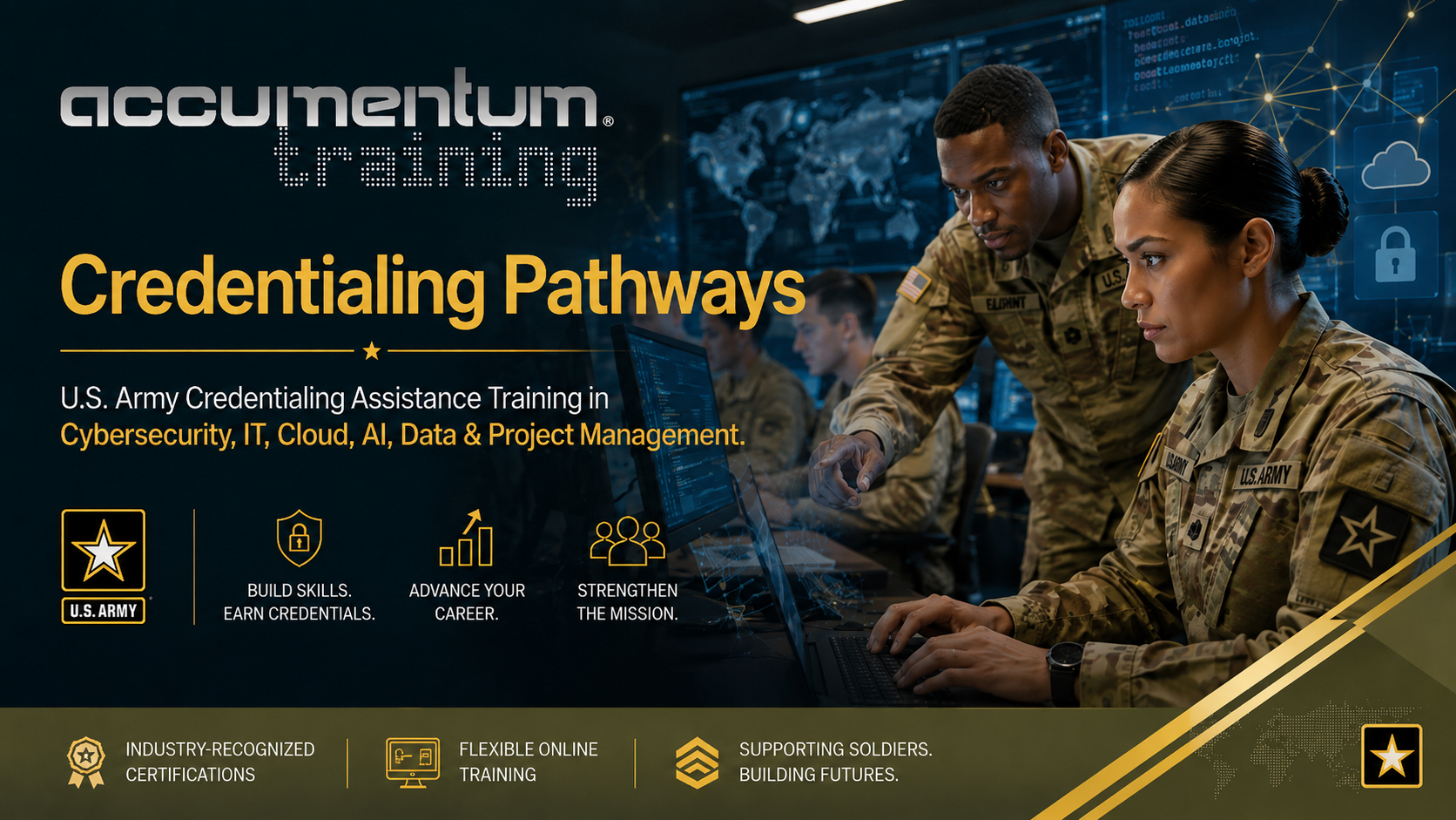 Accumentum Credentialing Pathways empowers military service members with cyber training classroom for Army CA and Air Force COOL