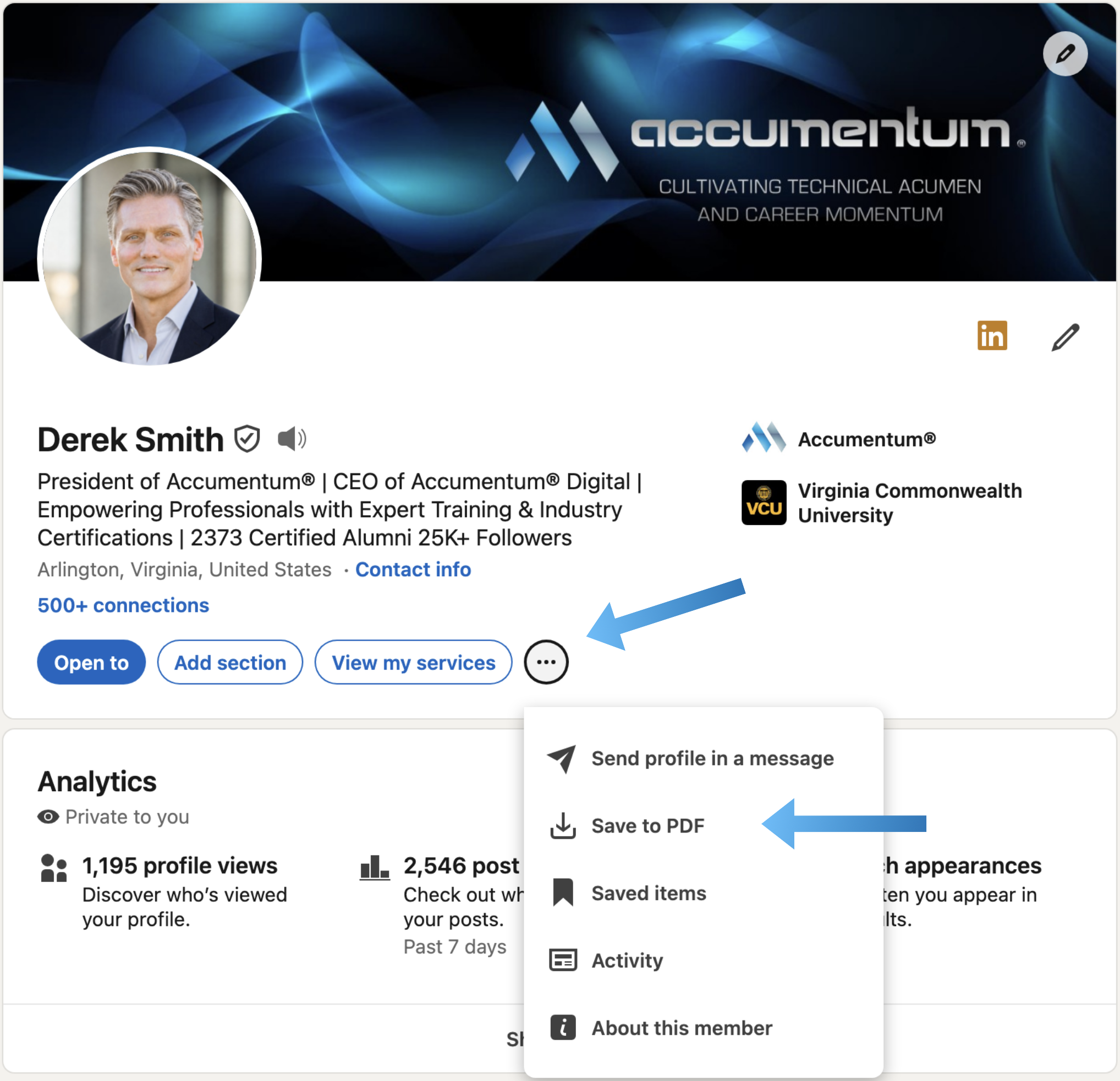 Screenshot showing how to export your LinkedIn profile as a PDF from the More menu