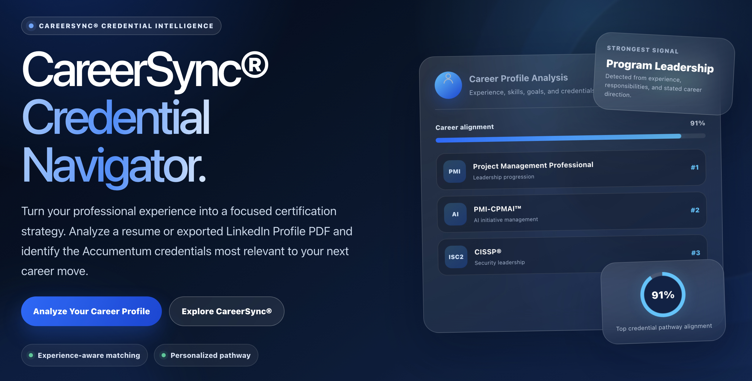 CareerSync Credential Navigator professional profile and pathway visualization